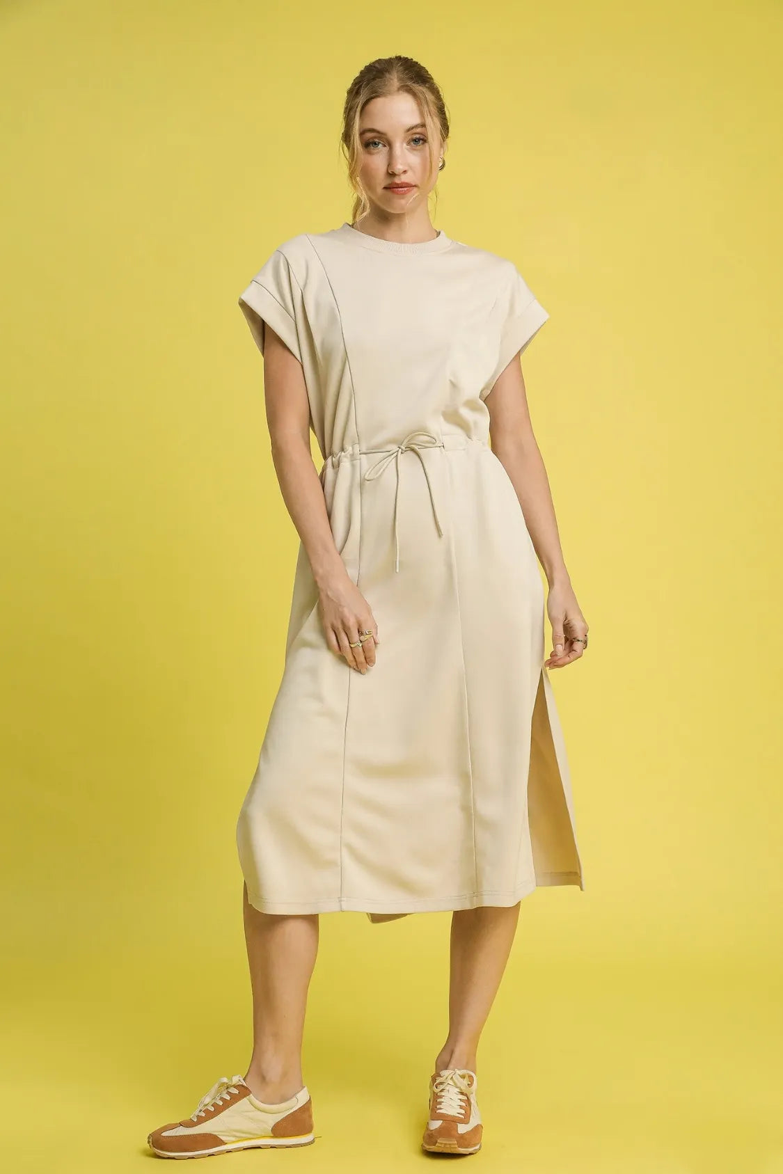 Umgee Tie-Waist Midi Tee Dress in Ecru