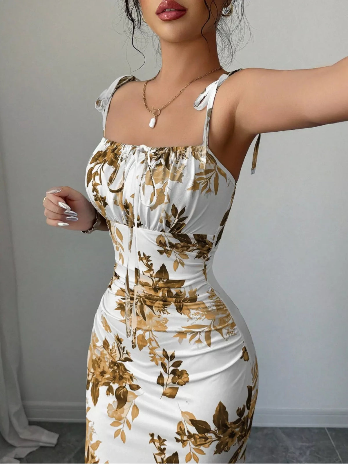 Printed Tie Strap Maxi Dress with Slit