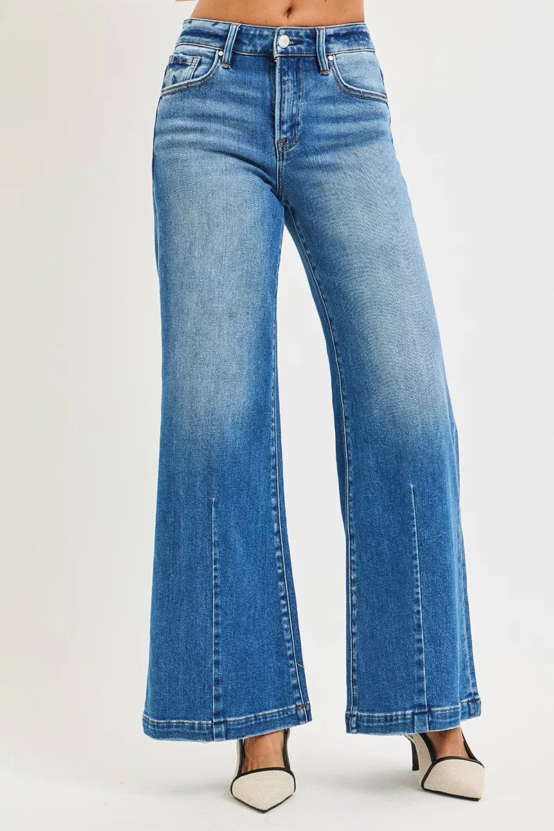 Risen Flared Wide Leg Jeans in Medium Wash