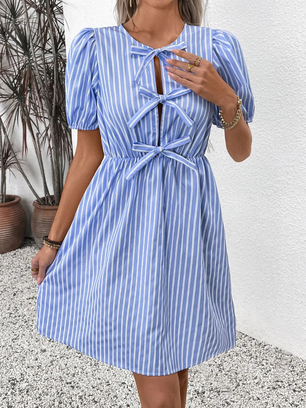 Tied Striped Short Sleeve Mini Dress in Light Blue