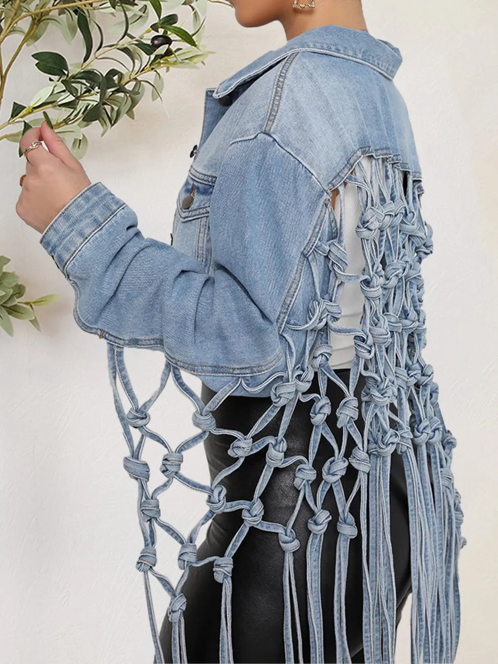 Tie Detail Button-Up Denim Jacket in Medium Wash by DE.C.H & K.M