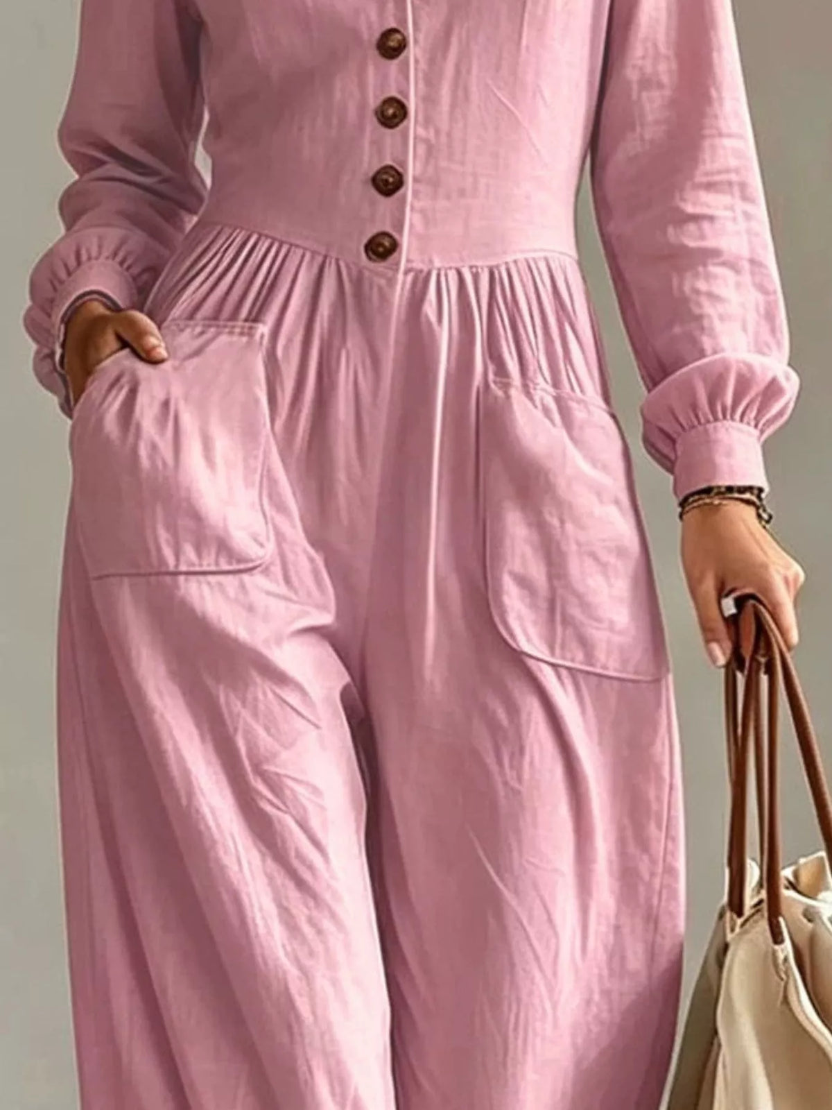 V-Neck Button Front Wide-Leg Jumpsuit