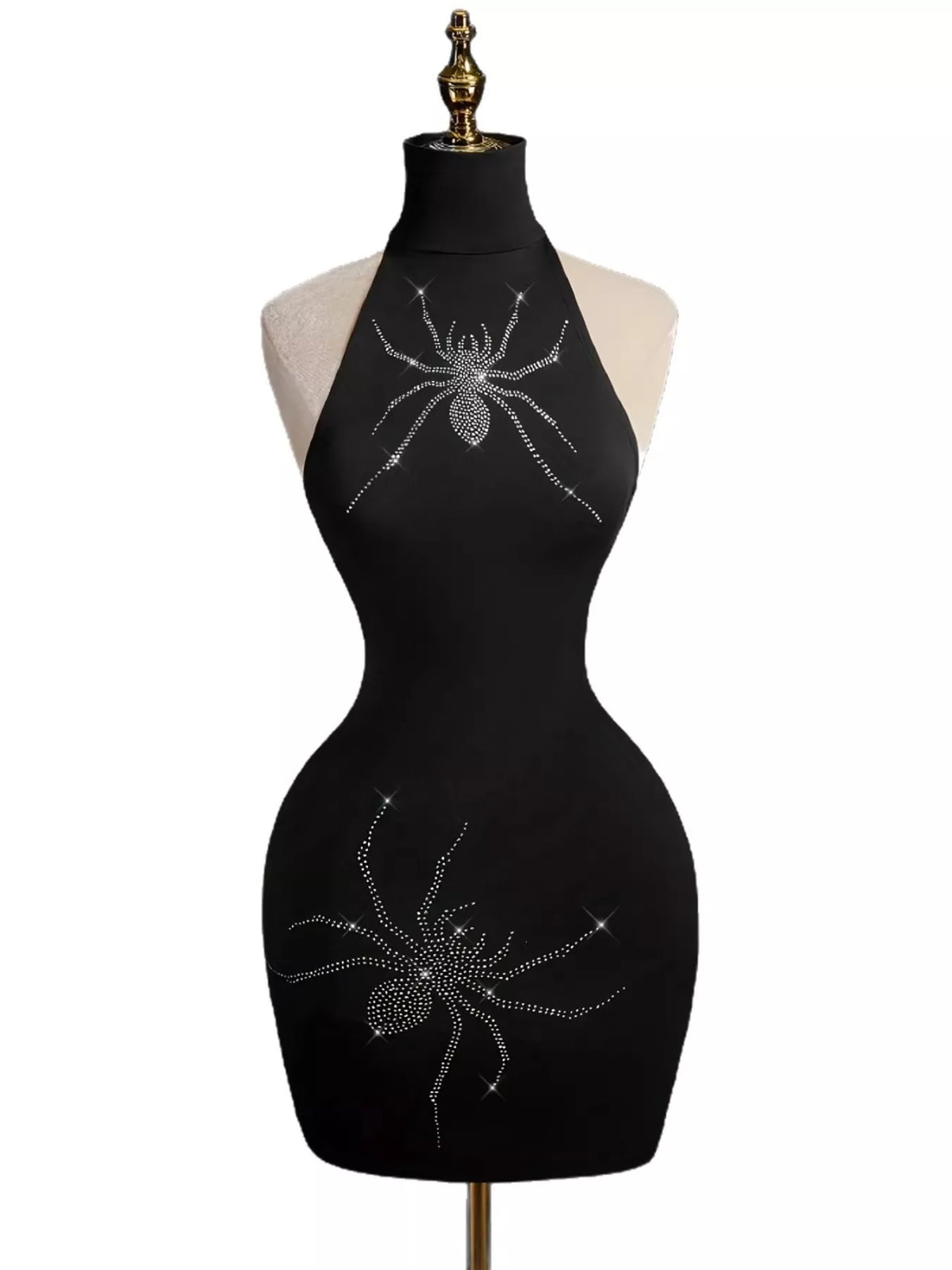 Rhinestone Spider Halter Neck Bodycon Dress in Black