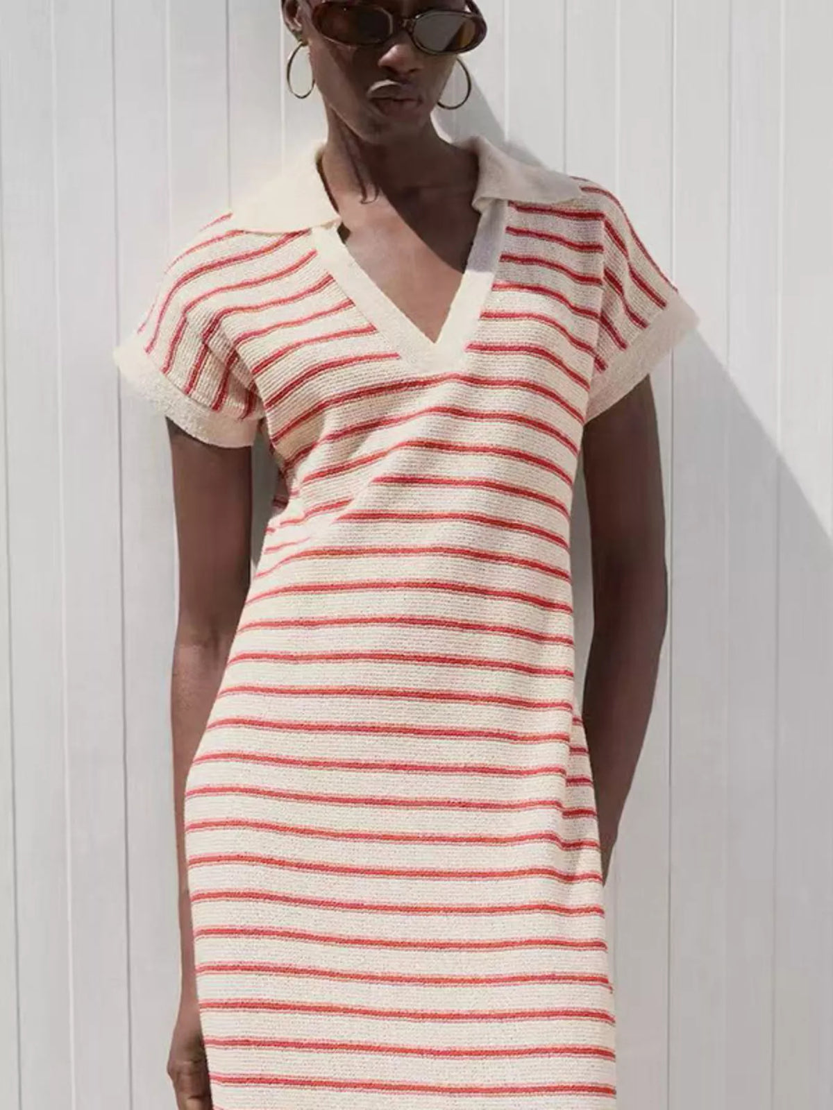 Striped Slit Short-Sleeve Maxi Dress