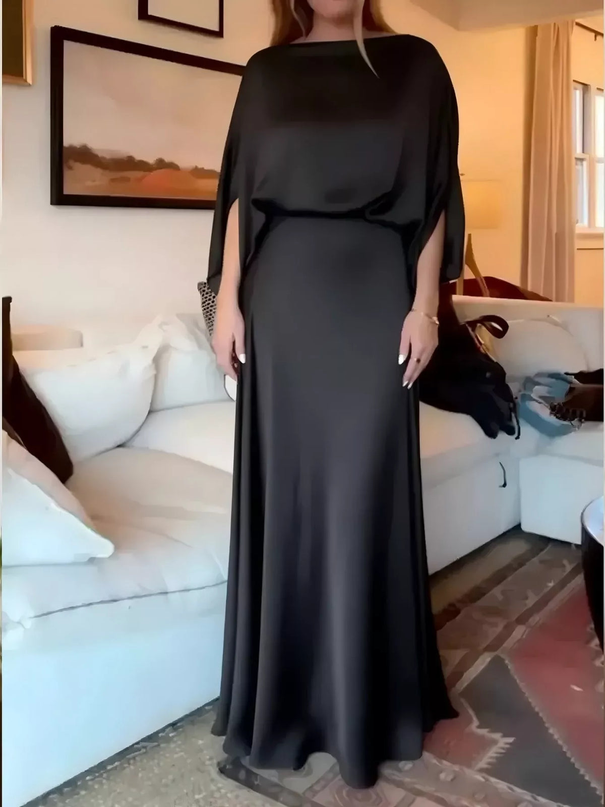 Satin Cape-Sleeve Maxi Dress