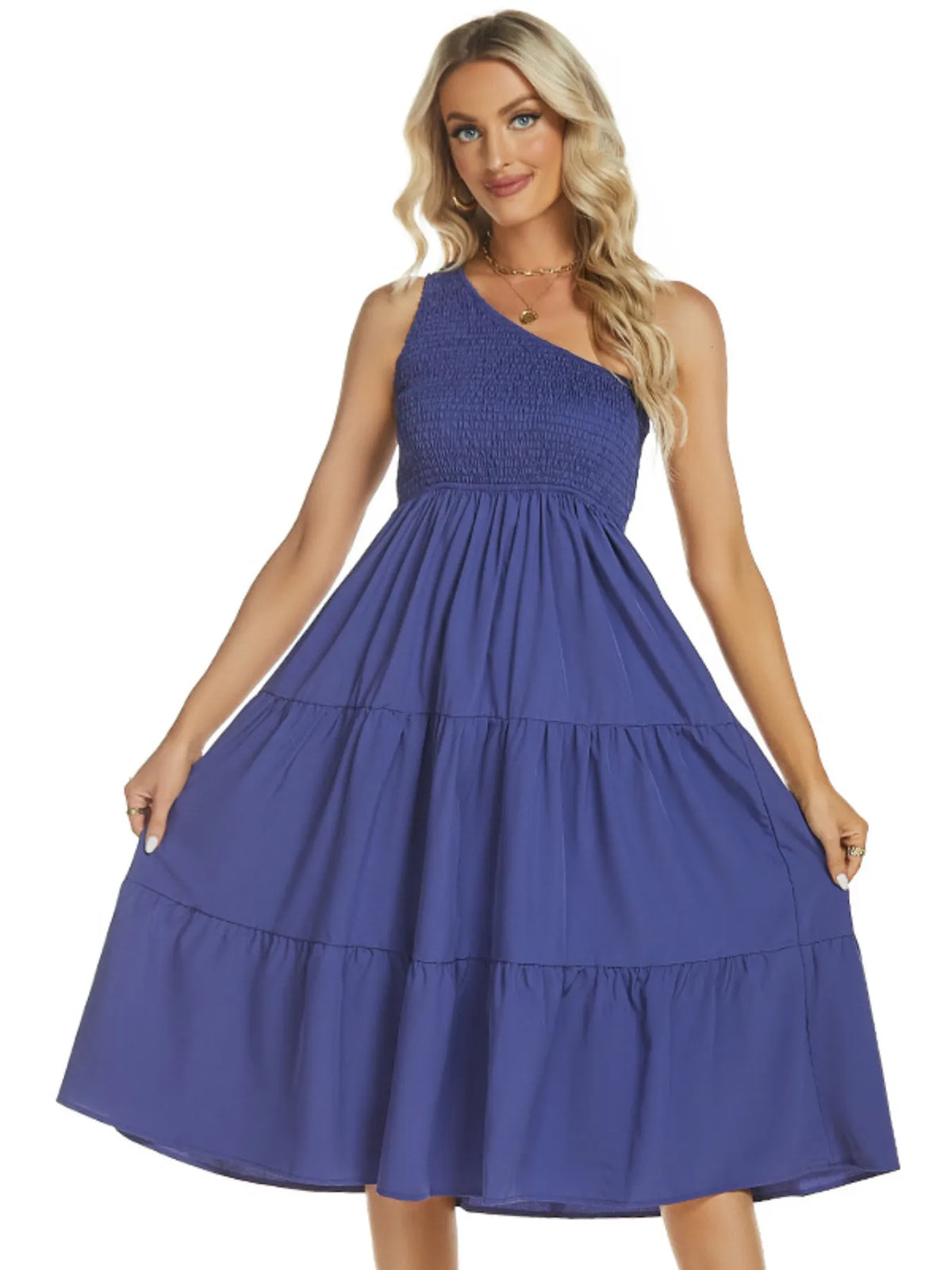 One-Shoulder Smocked Tiered Midi Dress by ArtisticExpression