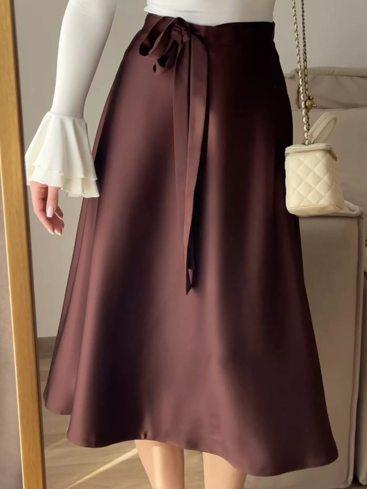 Satin A-Line Midi Skirt in Burgundy