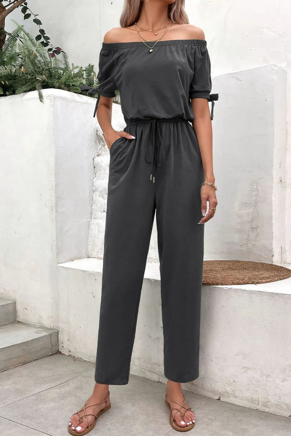 Off-Shoulder Tie Cuff Jumpsuit with Pockets