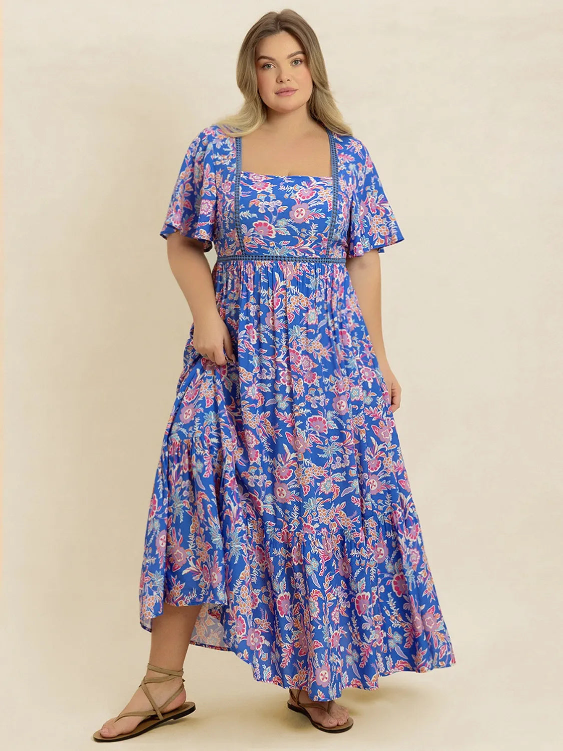 Plus-Size Ruched Short Sleeve Dress in Blue Purple