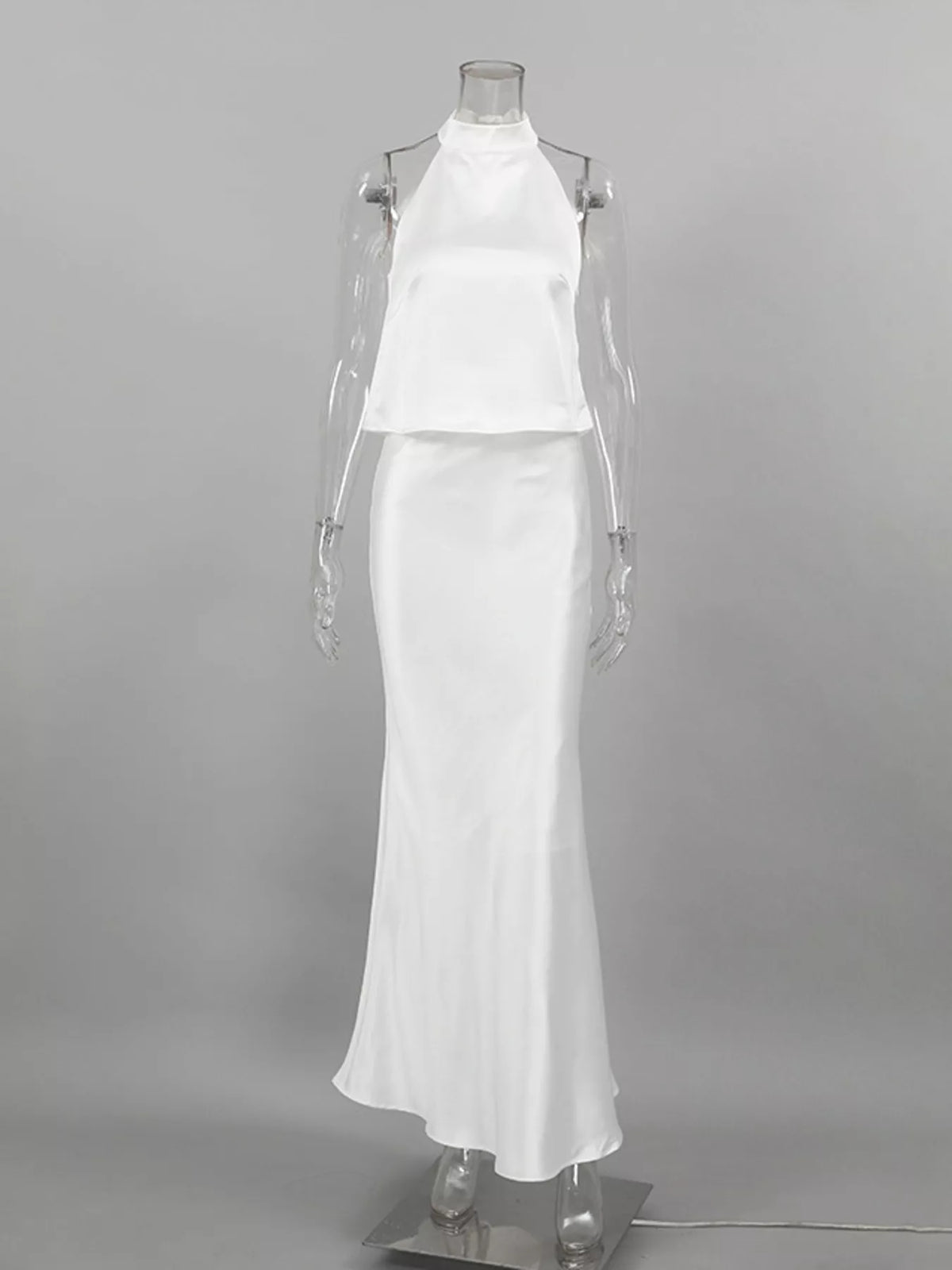 Satin Halter Two-Piece Skirt Set in White