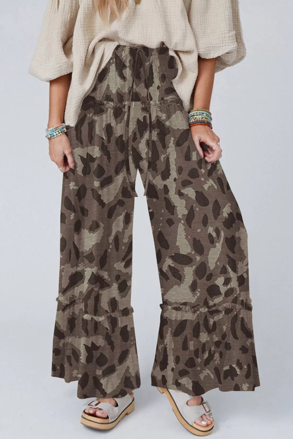 Camo Print Wide Leg Pants in Chocolate