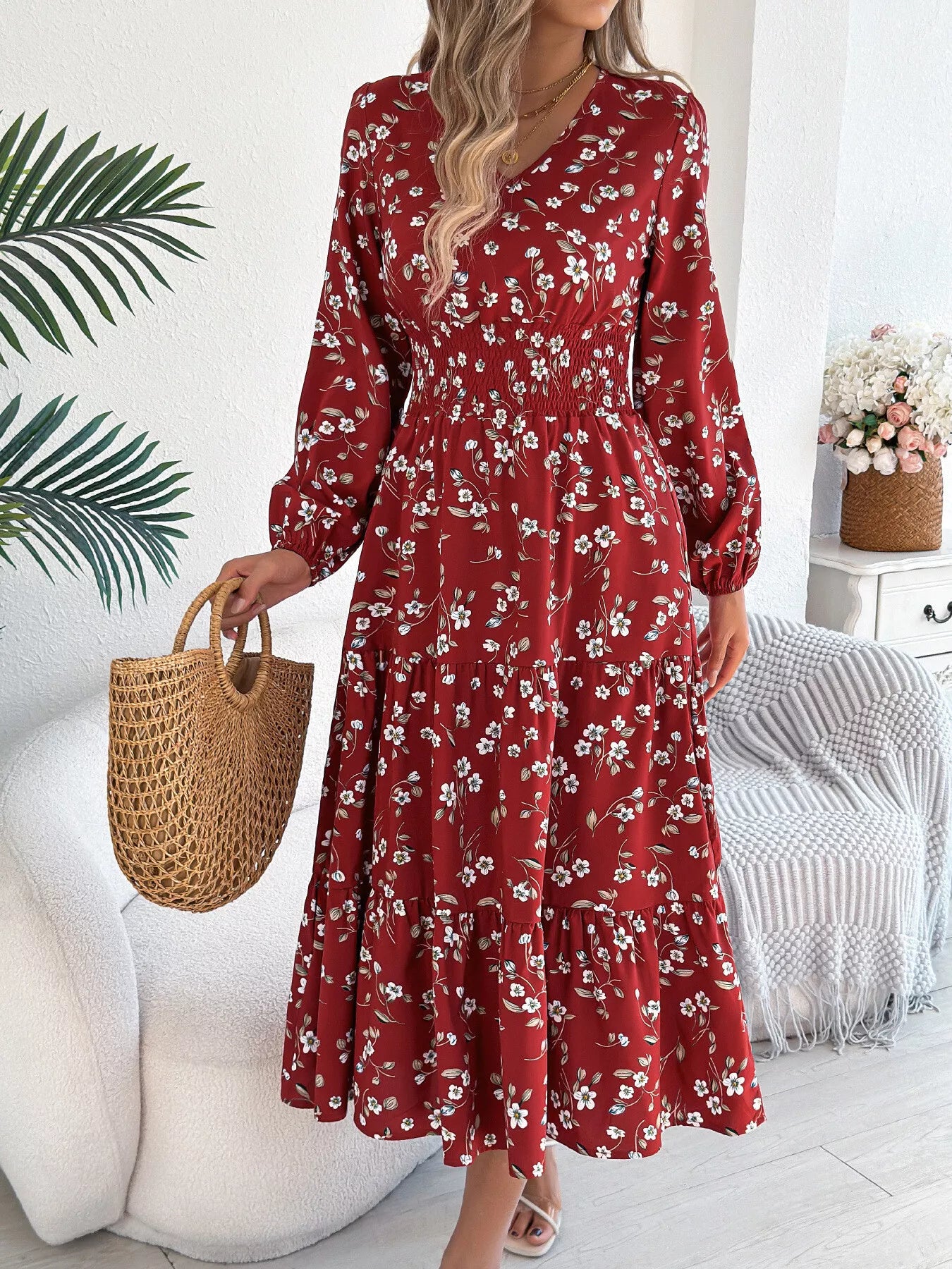 Floral Print Tiered Midi Dress