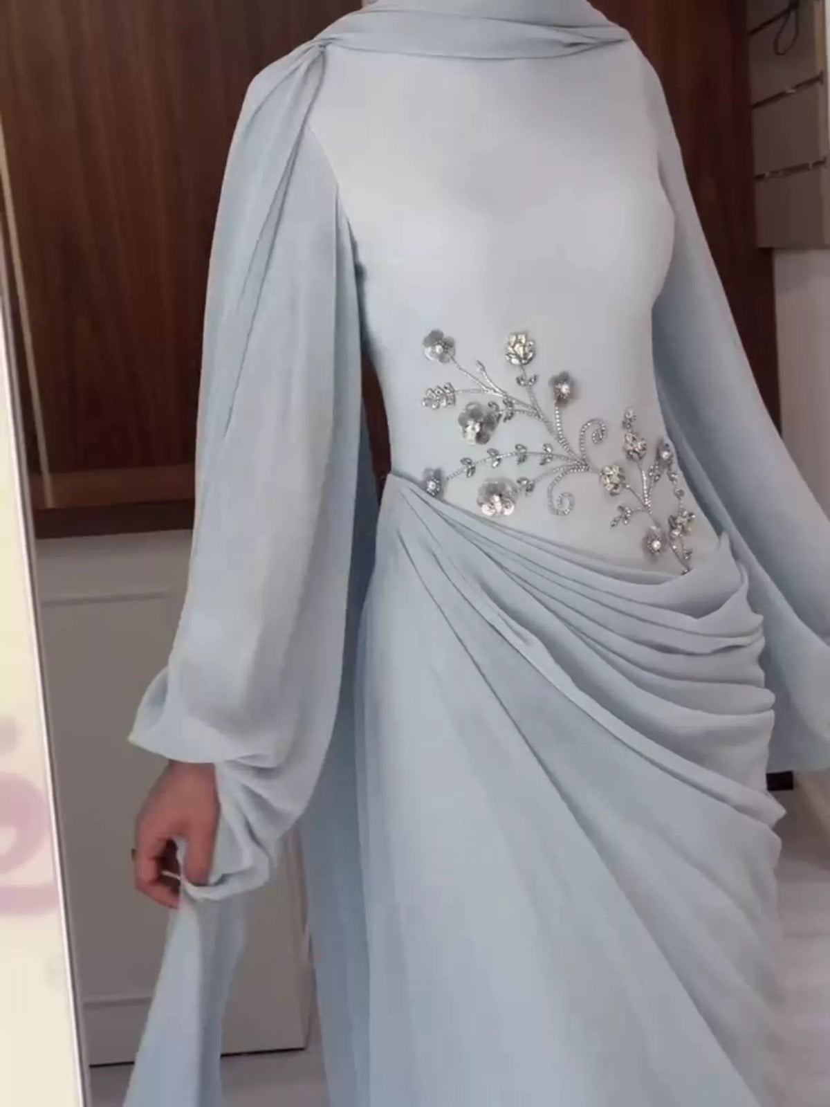 Long-Sleeve Rhinestone Ruched Maxi Evening Dress