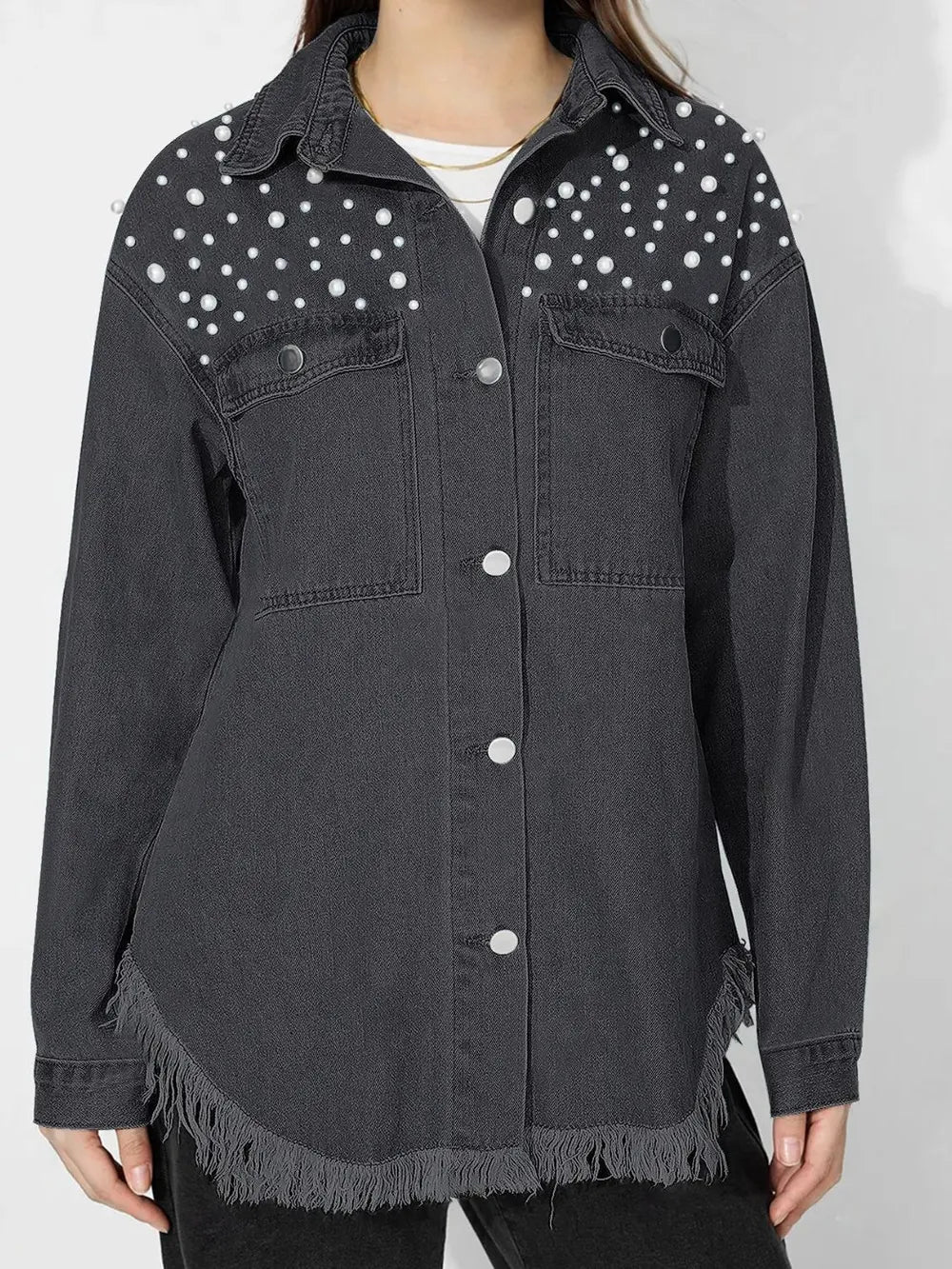 Pearl Trim Collared Denim Top