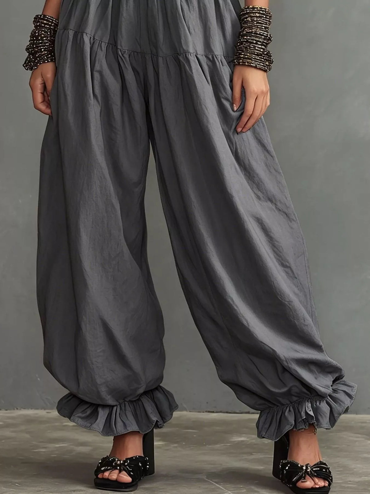Smocked Ruffle Hem Wide Leg Pants