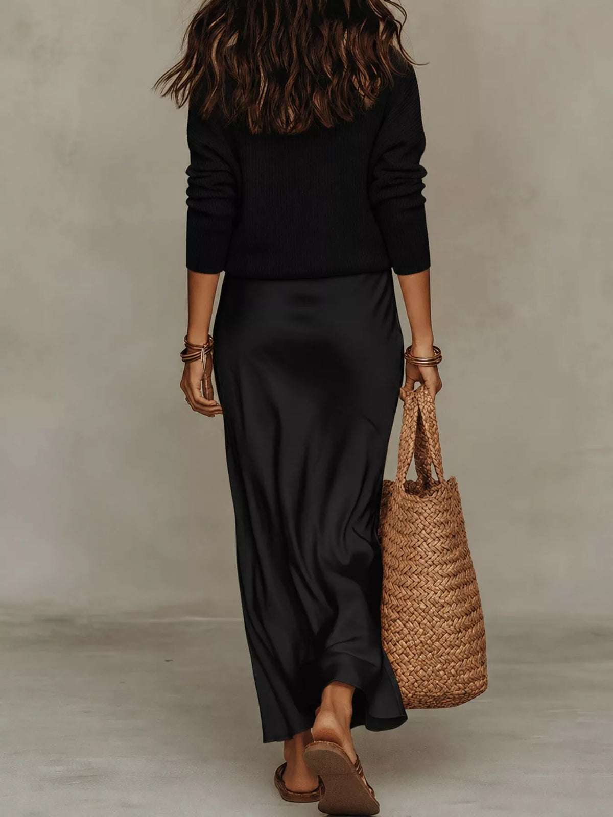 V-Neck Top and Satin Midi Skirt Set