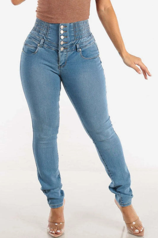 High Waist Skinny Jeans with Smocked Back