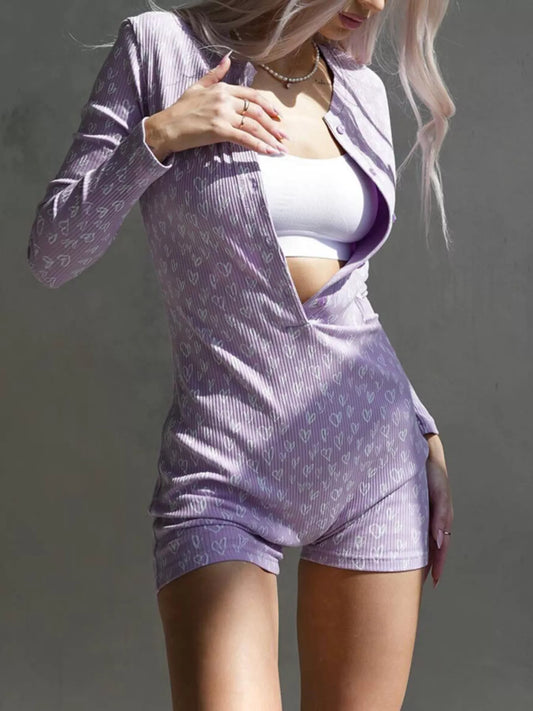Heart Print Ribbed Knit Button-Up Romper in Purple