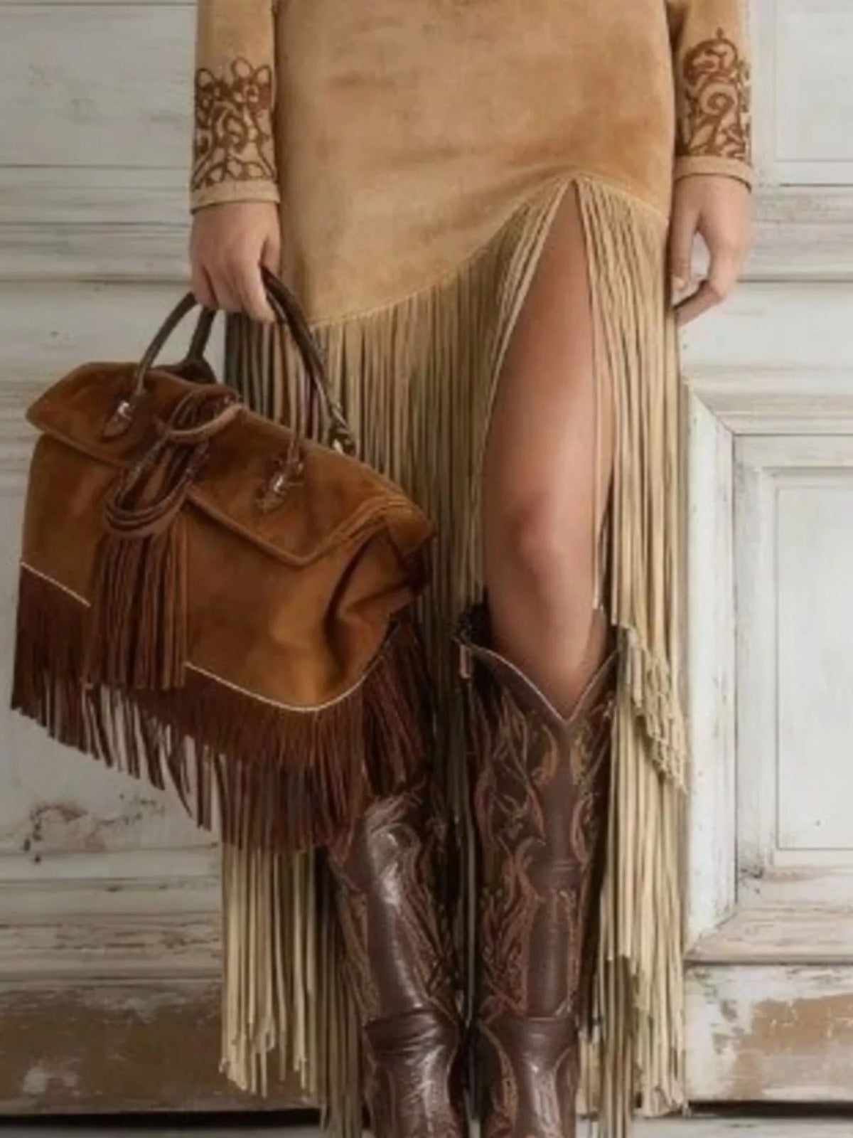 Western Suede Fringed Maxi Dress in Camel