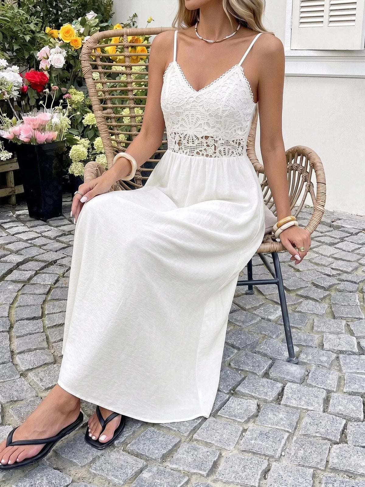 Lace V-Neck Flowy Maxi Dress in White