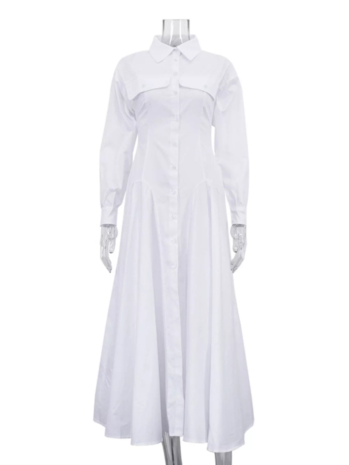 Button-Front Long Sleeve Maxi Shirt Dress in White