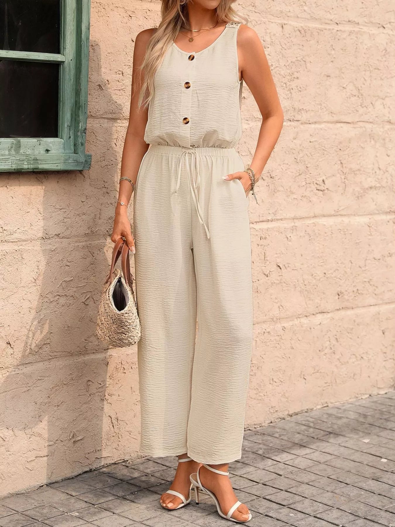 Button-Front Wide-Leg Jumpsuit