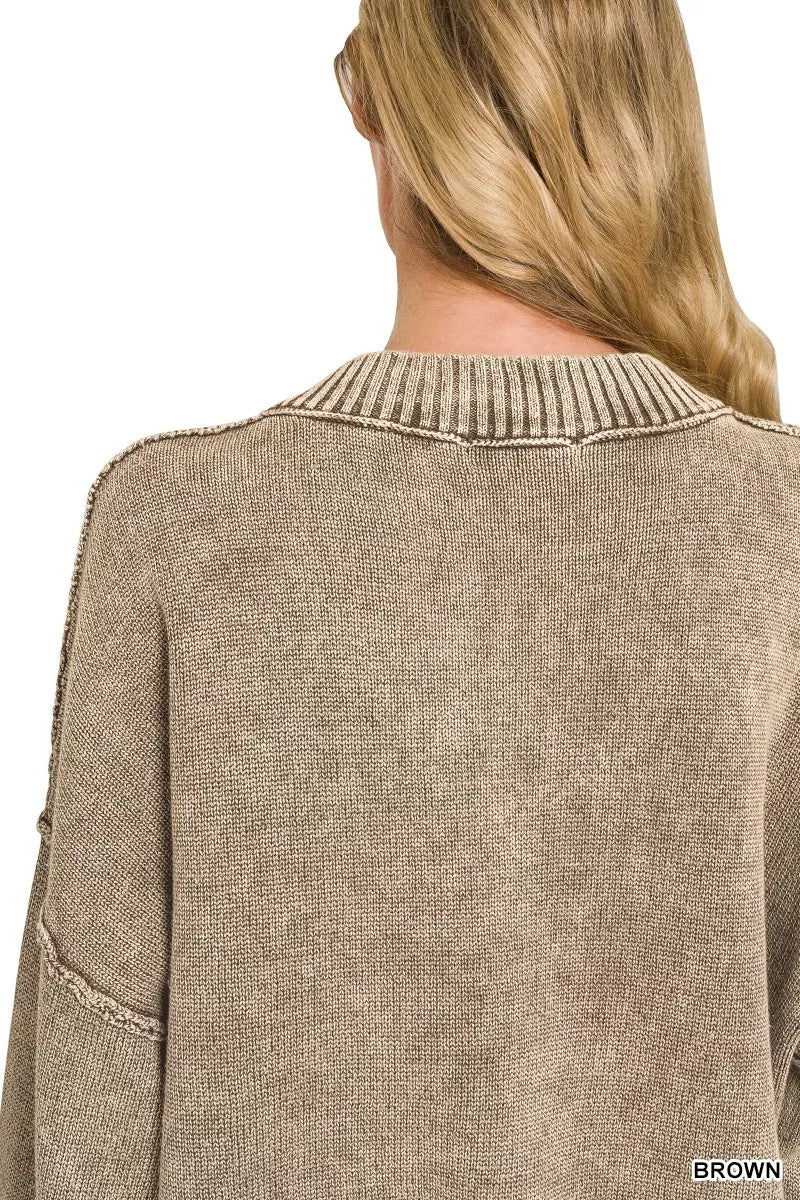 Zenana Washed Deep V-Neck Oversized Sweater in Brown