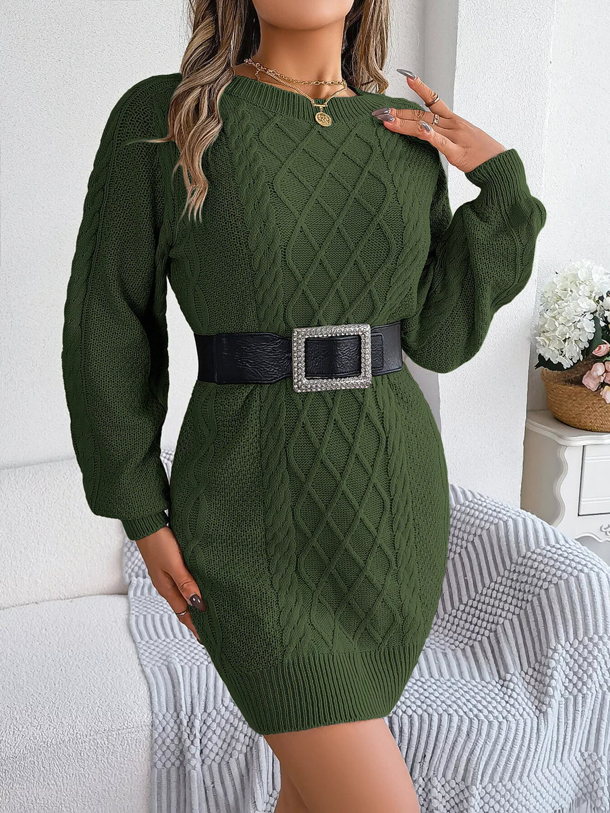 Diamond Cable-Knit Sweater Dress