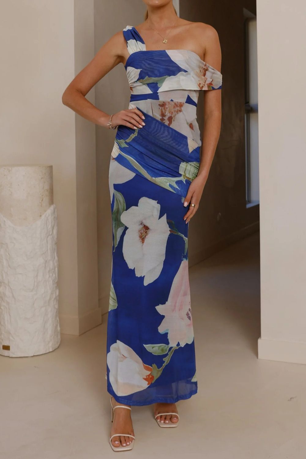 One-Shoulder Ruched Floral Maxi Dress
