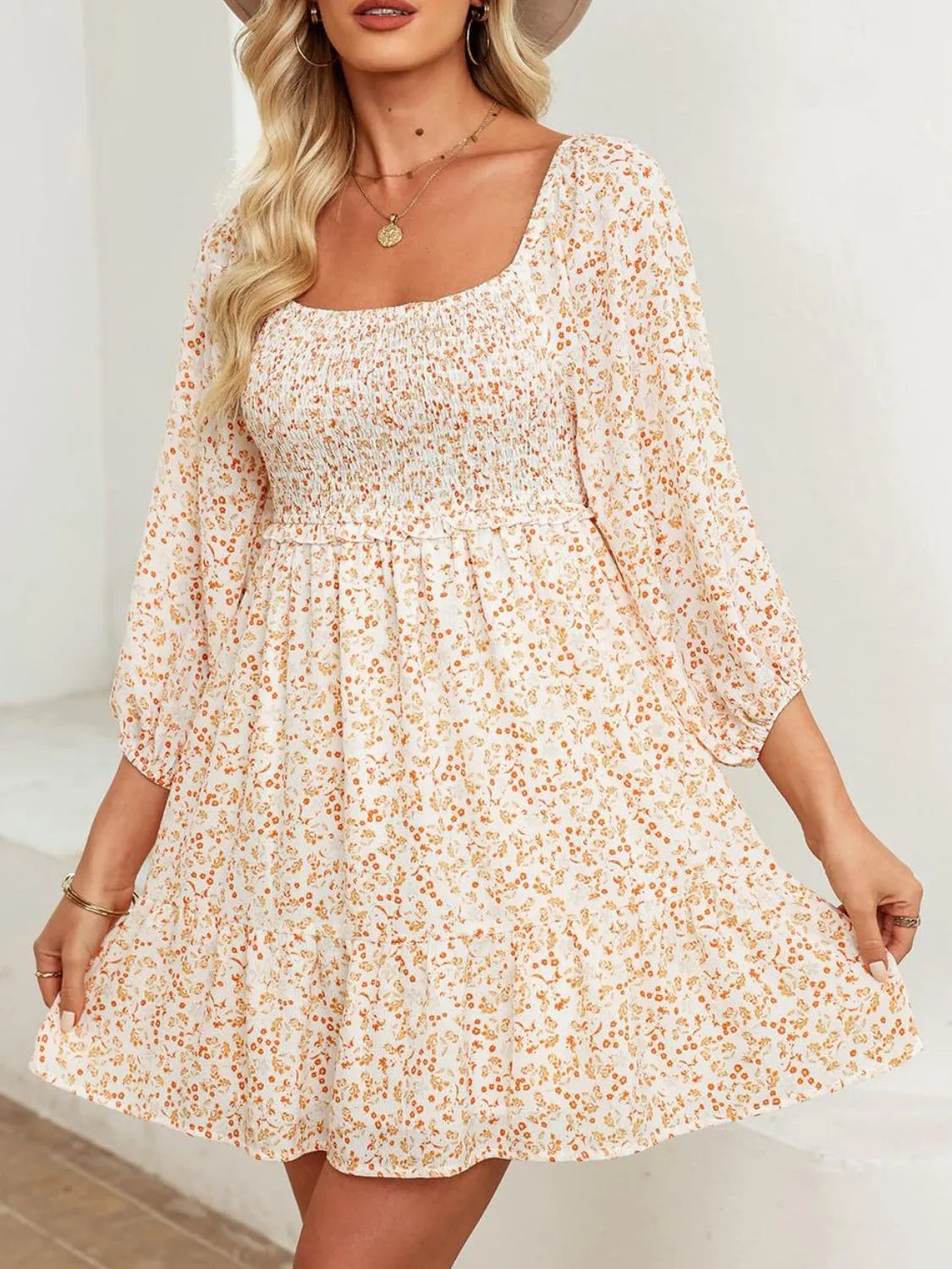 Smocked Floral Square Neck Dress in Apricot