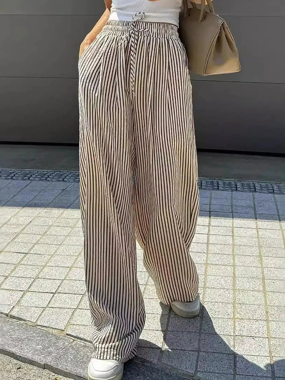 Striped Drawstring Wide Leg Pants
