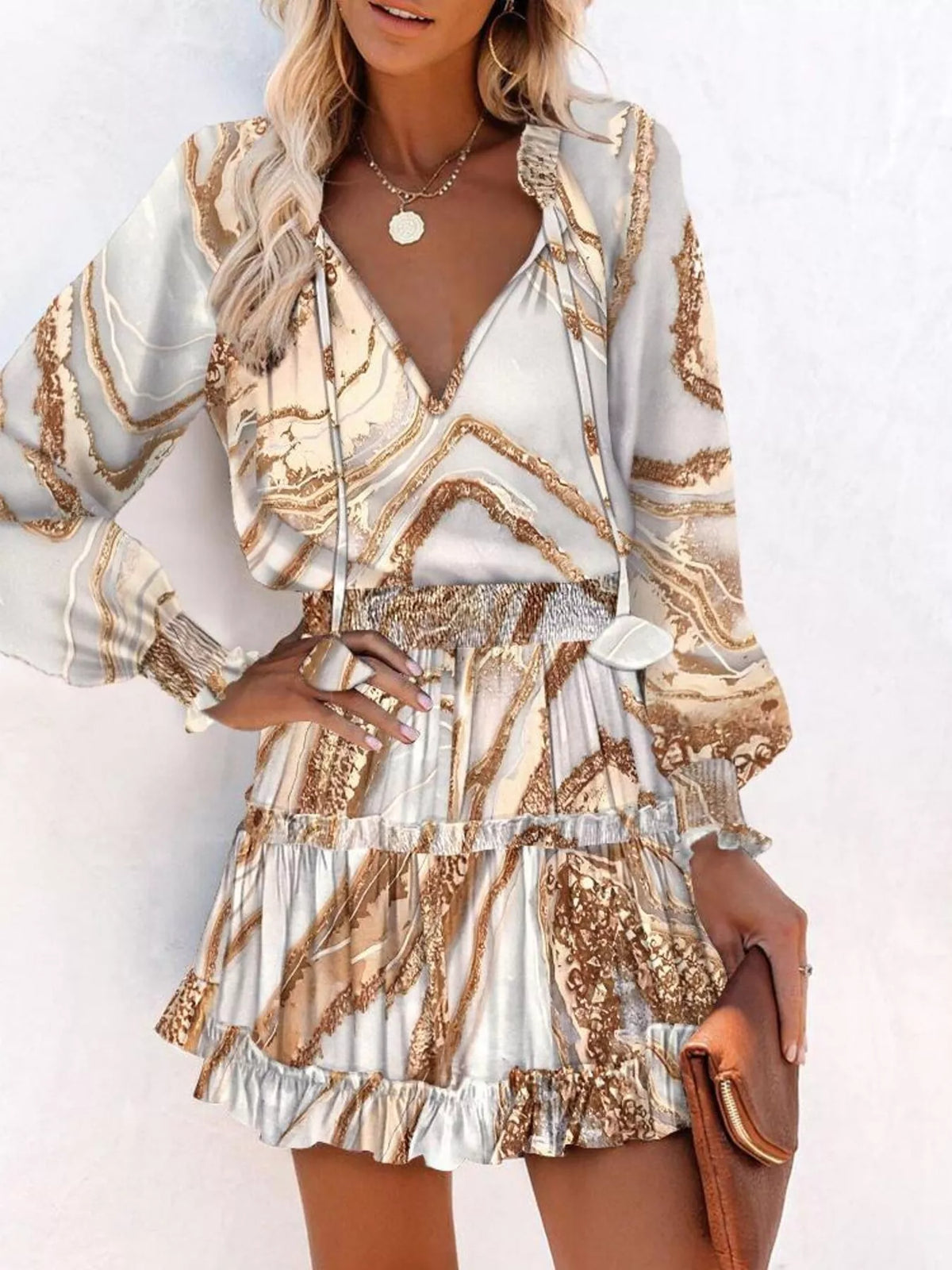 Tie-Neck Lantern Sleeve Dress with Tiered Ruffles