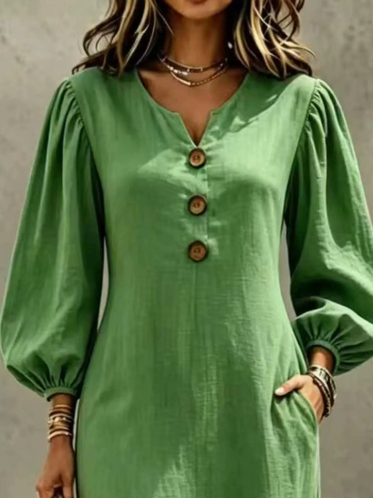 Button Balloon Sleeve Maxi Dress