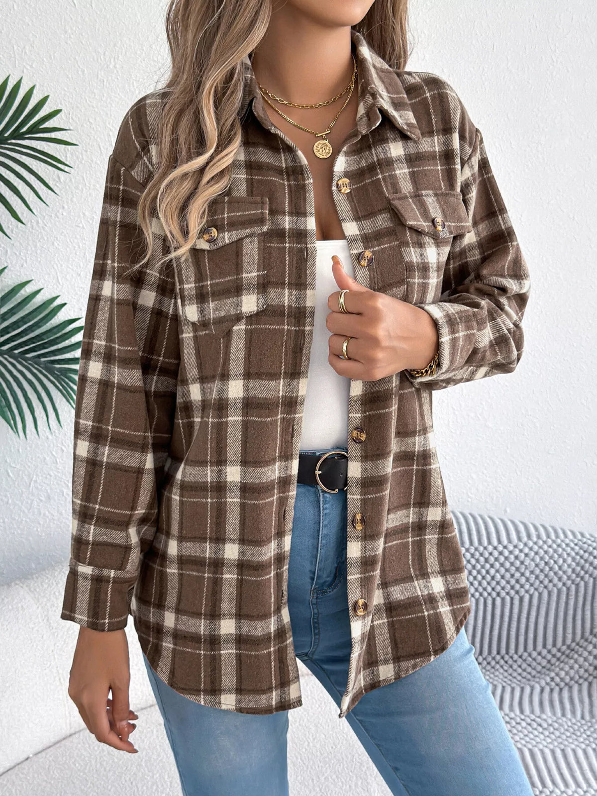 Plaid Button-Down Shacket by Clise