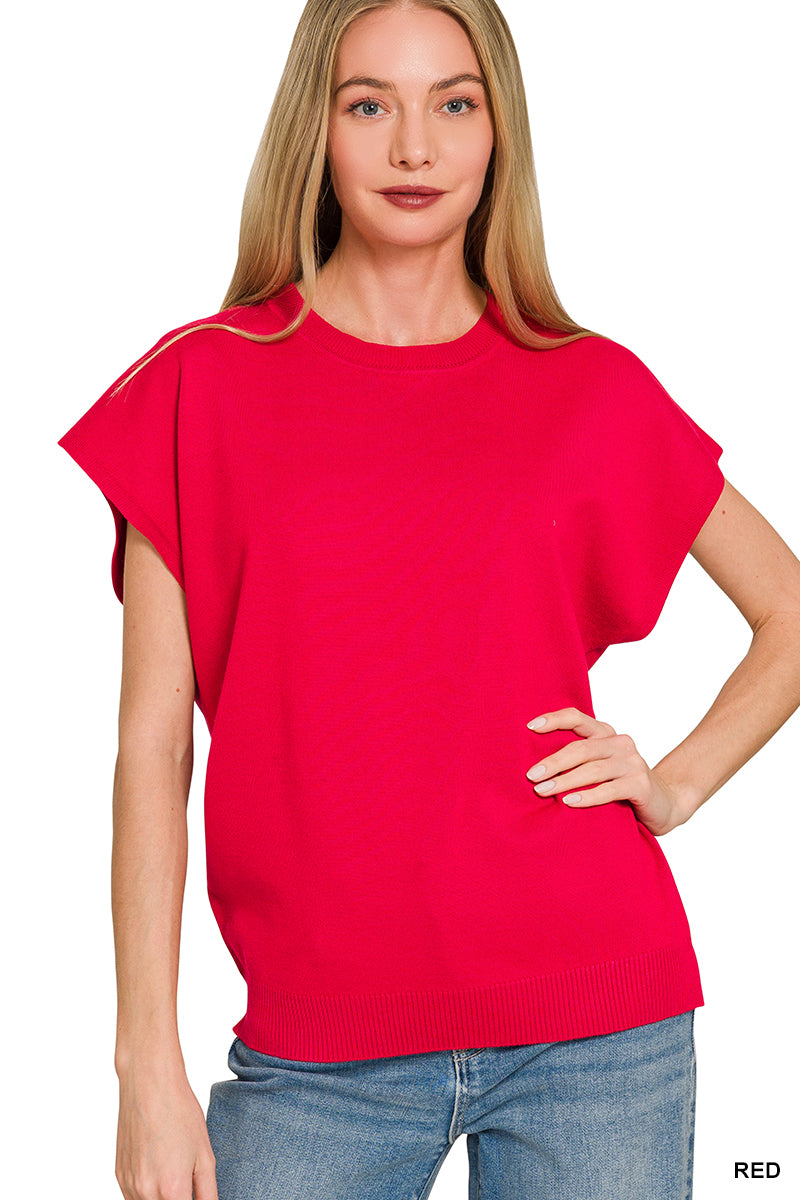 Zenana Round Neck Short Sleeve Sweater in Red