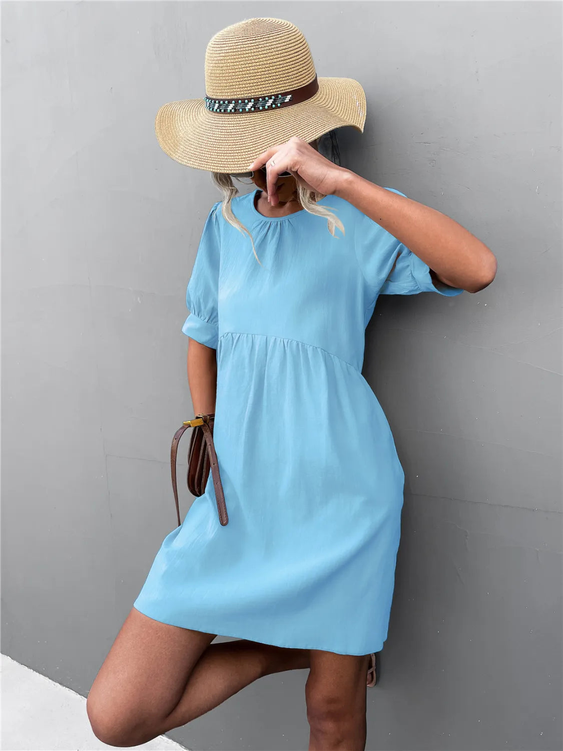 Round Neck Puff Sleeve Mini Dress in Pastel Blue in Pastel  Blue