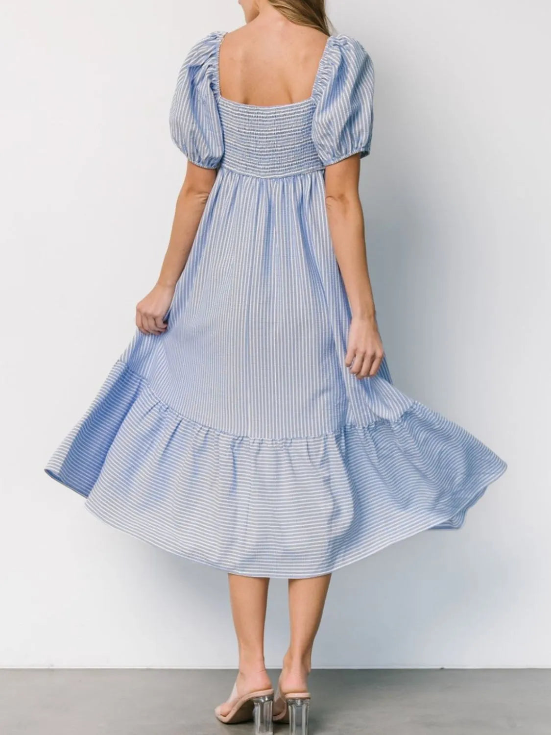 Striped Puff-Sleeve Sweetheart Midi Dress