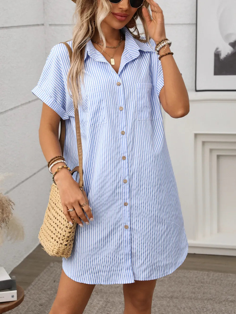 Striped Button-Down Mini Dress