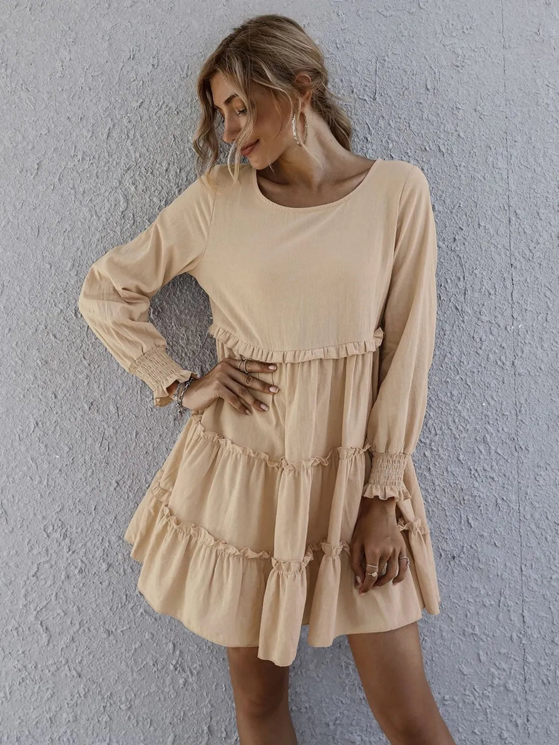 Frill Tiered Long-Sleeve Mini Dress