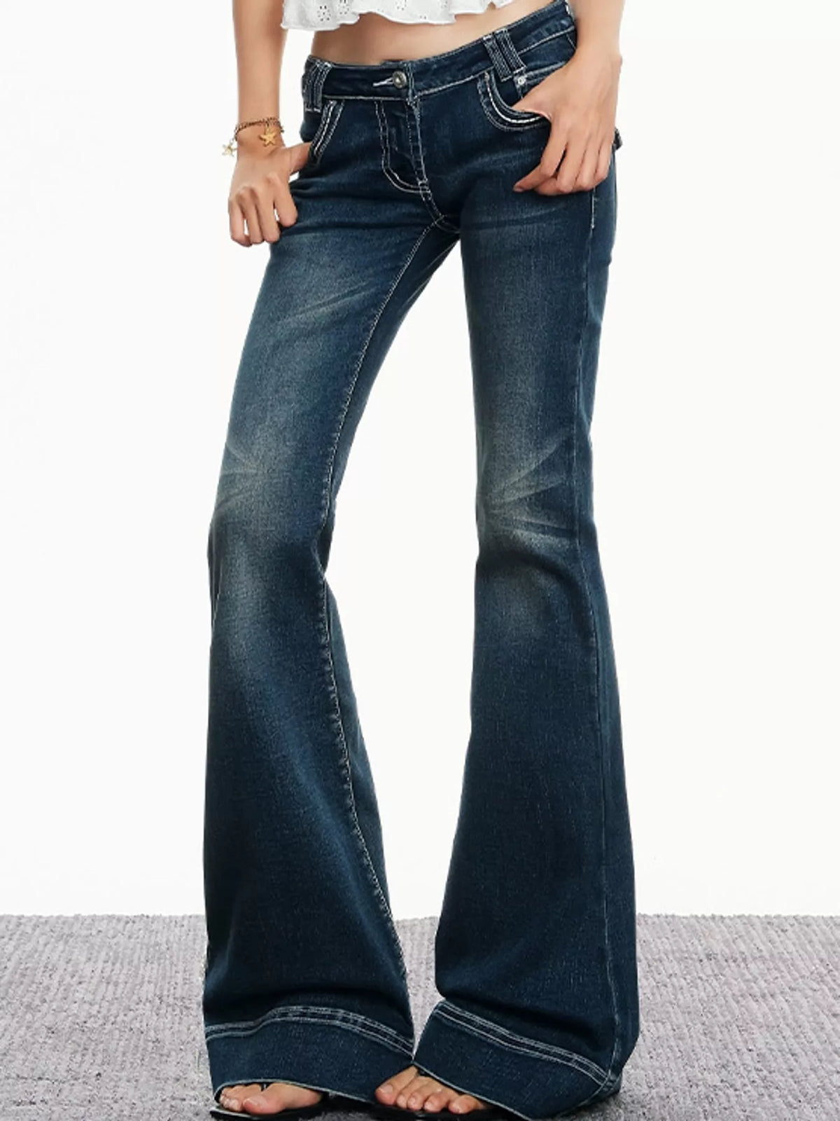 Low-Rise Flared Jeans with Contrast Stitching in Vintage Blue