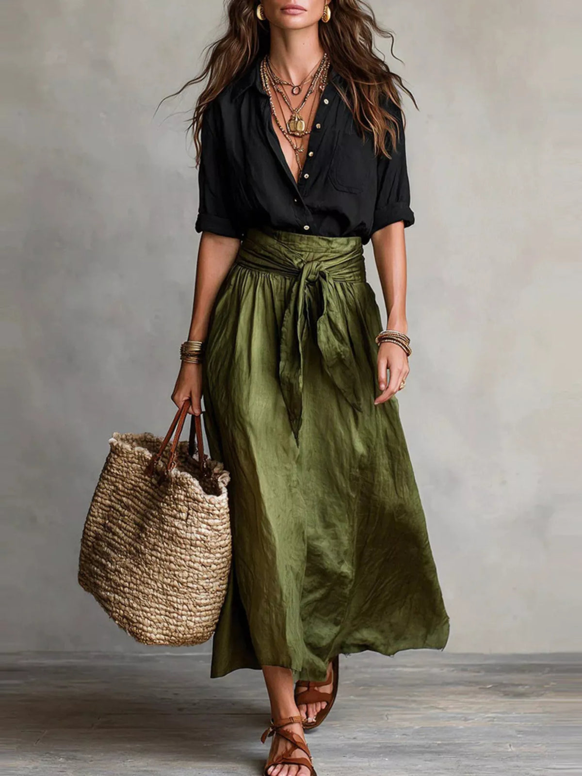 Two-Piece Button-Down Shirt and Maxi Skirt Set in Matcha Green