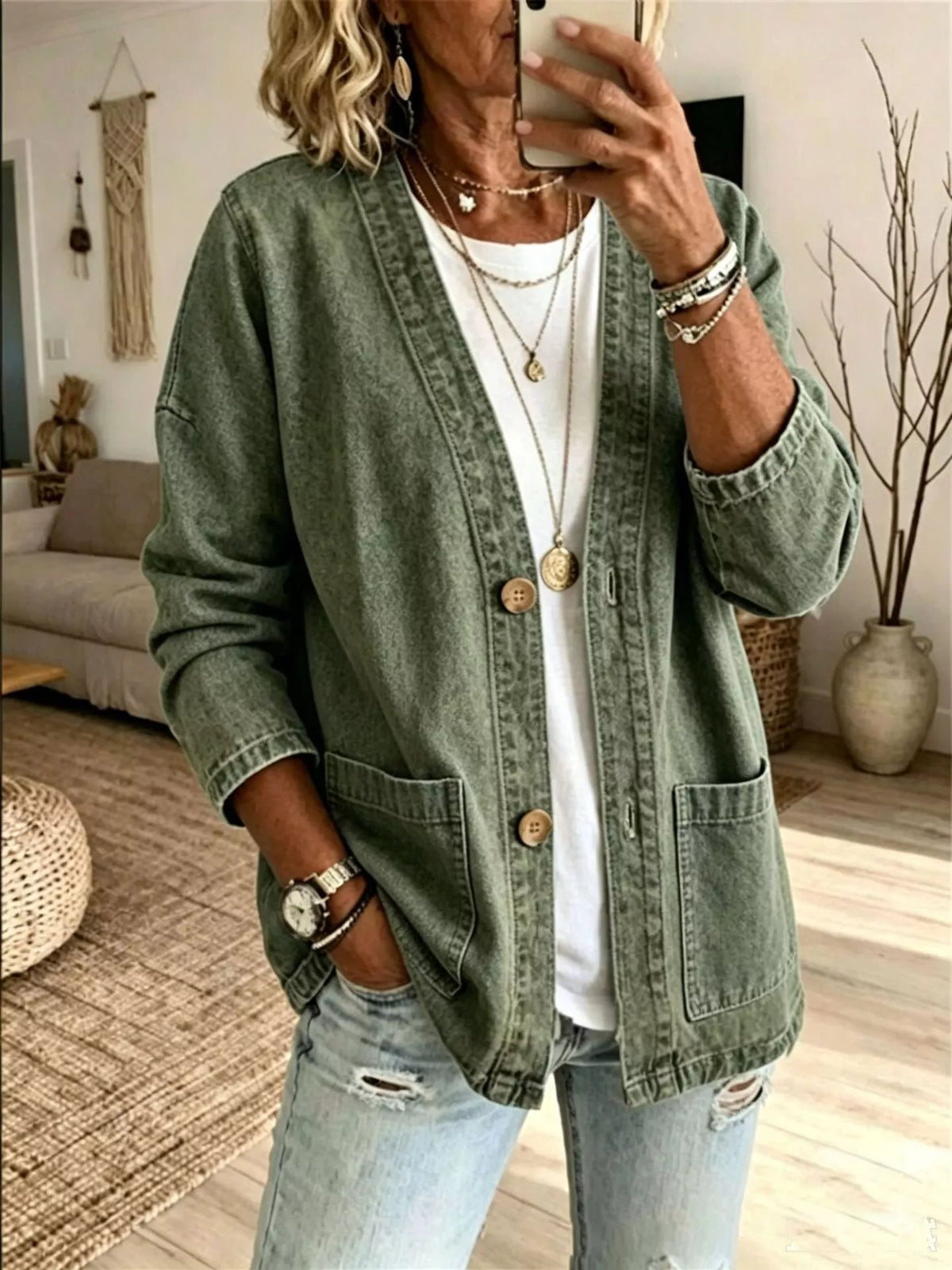 V-Neck Button-Down Denim Jacket by Invera