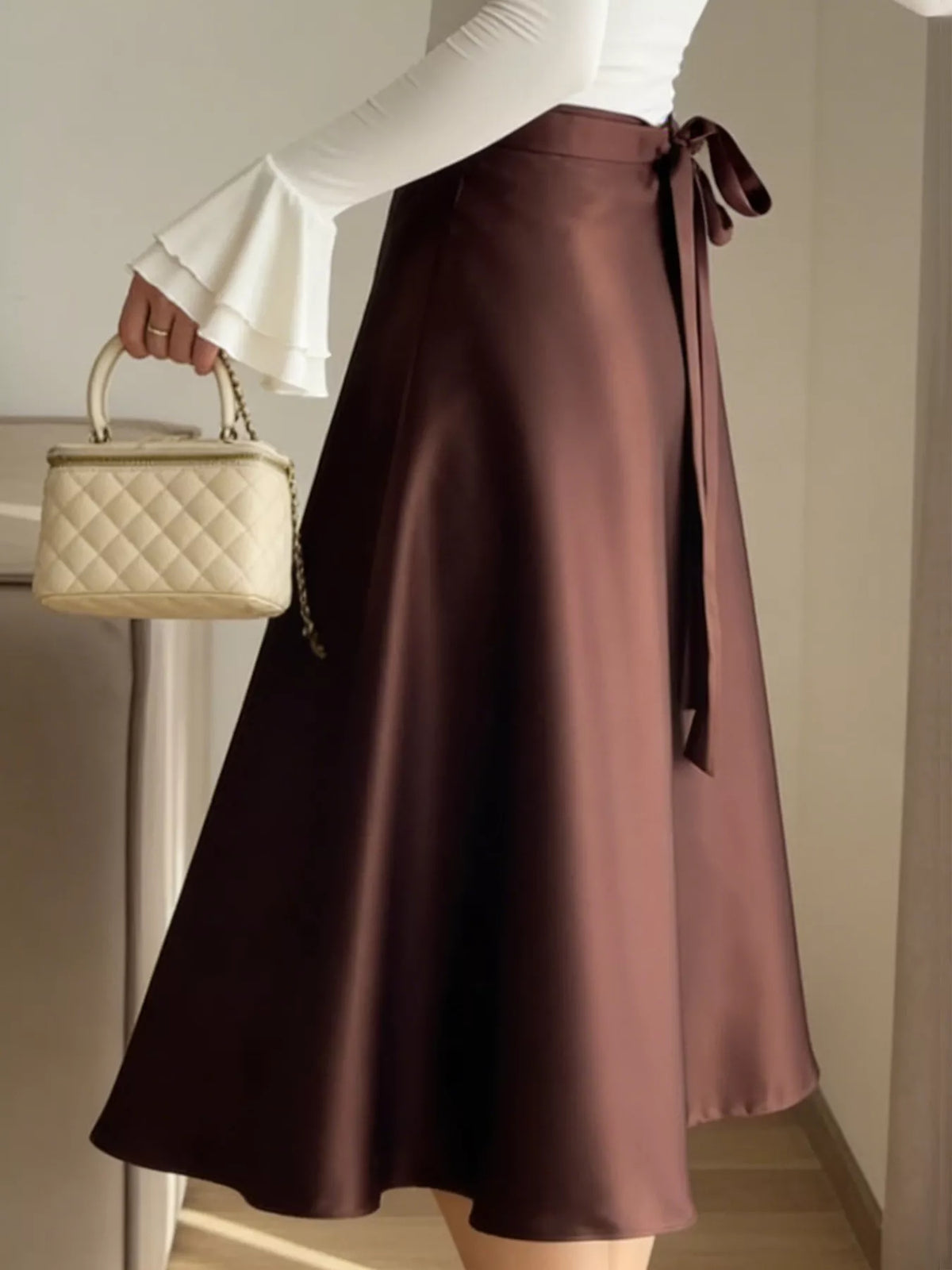 Satin A-Line Midi Skirt in Burgundy