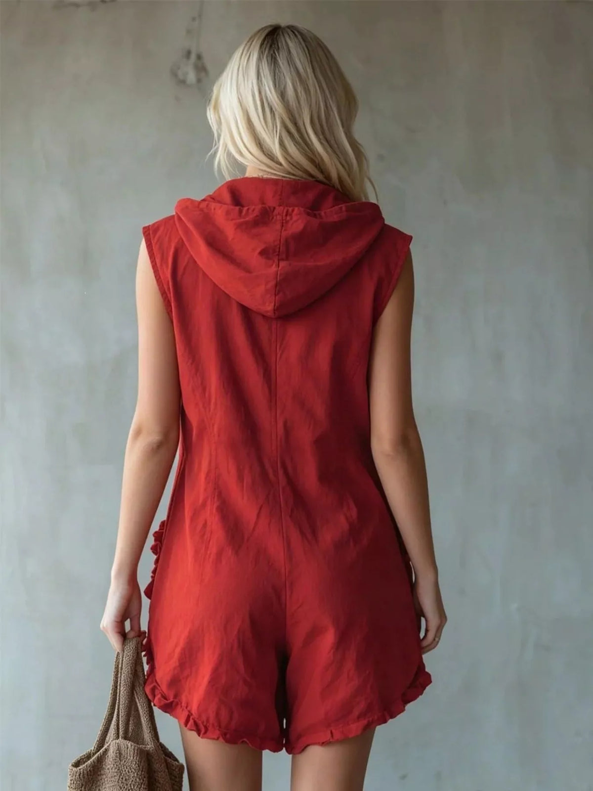 Hooded Zipper Romper with Ruffled Pockets