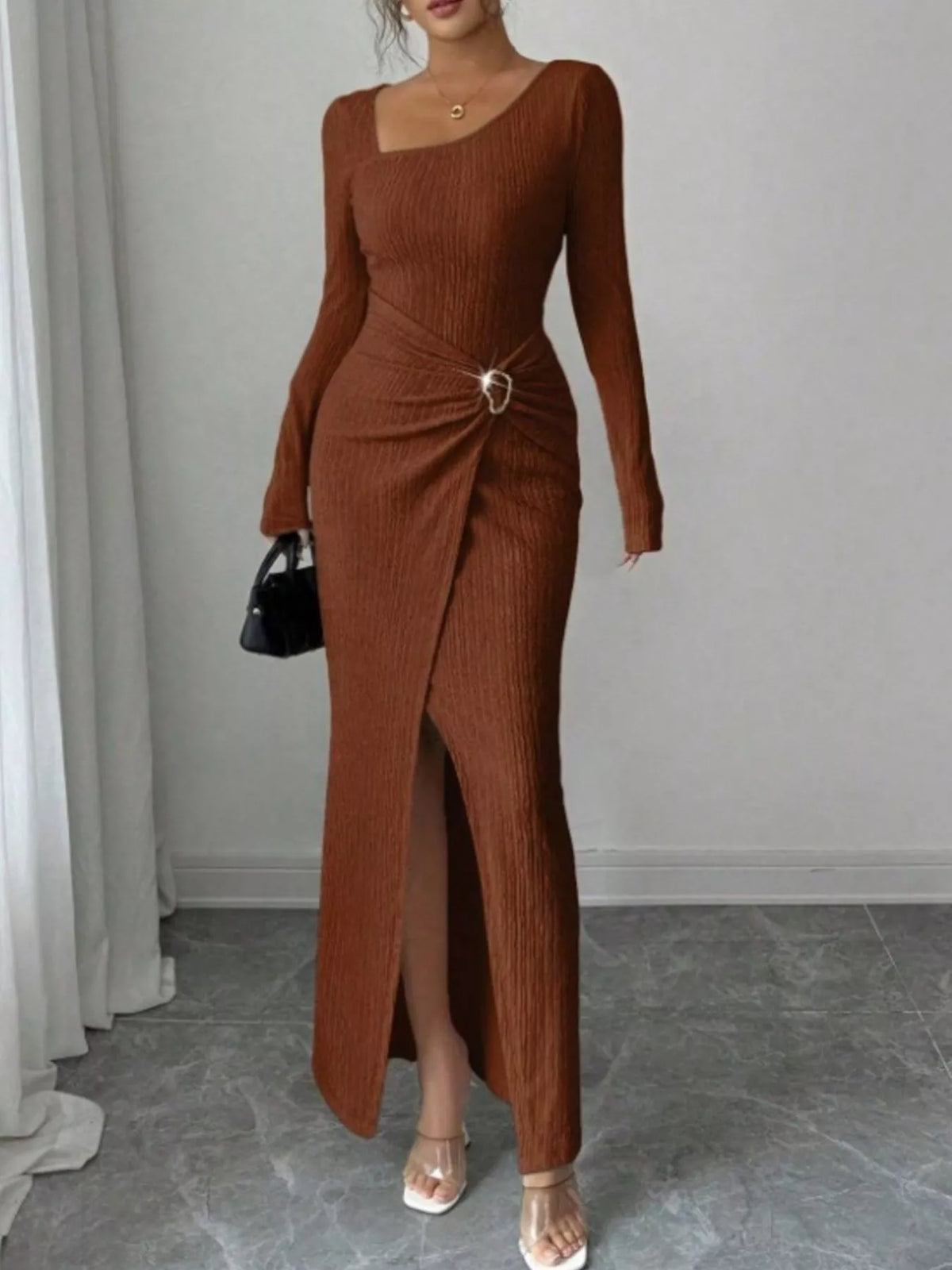 Ribbed Asymmetrical Neck Slit Maxi Dress