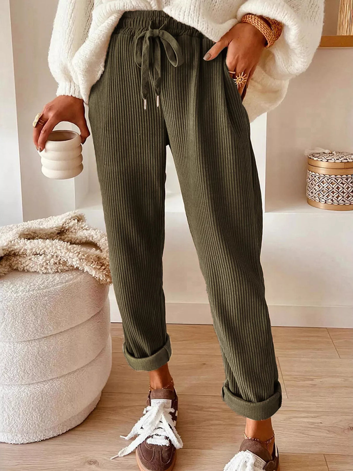 Corduroy Drawstring Waist Pants
