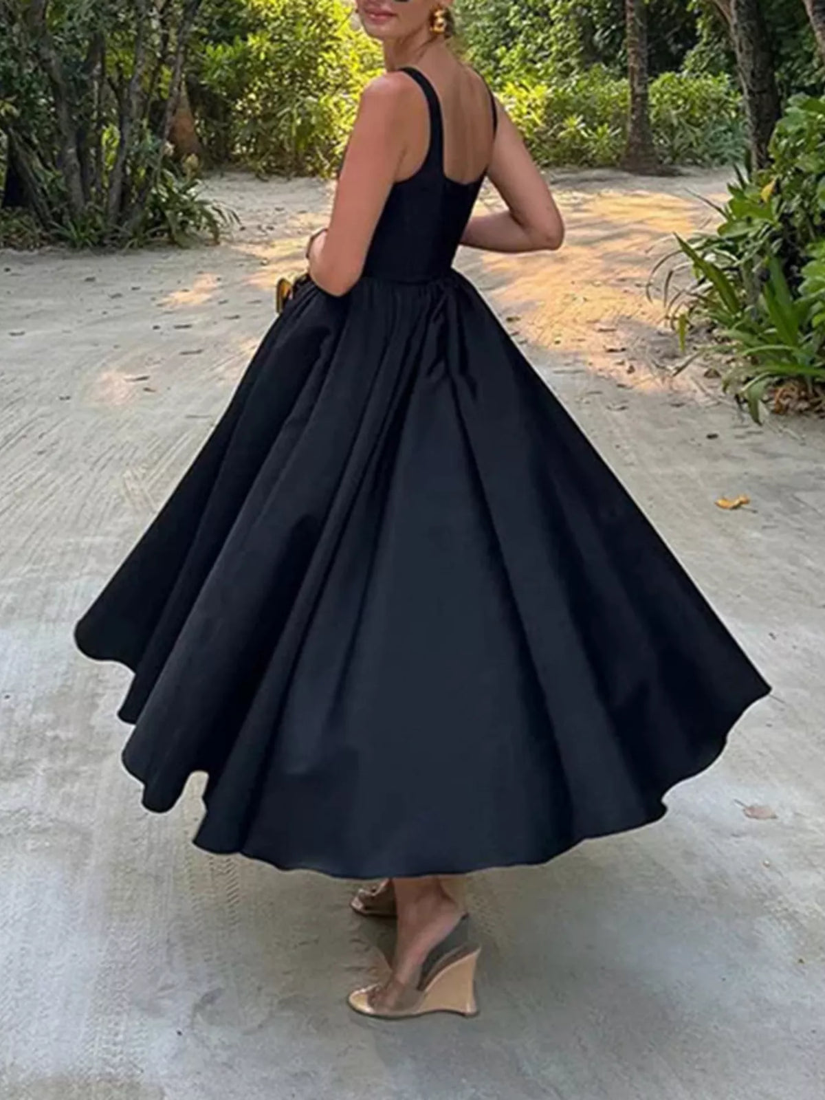 Square Neck A-Line Midi Dress in Black