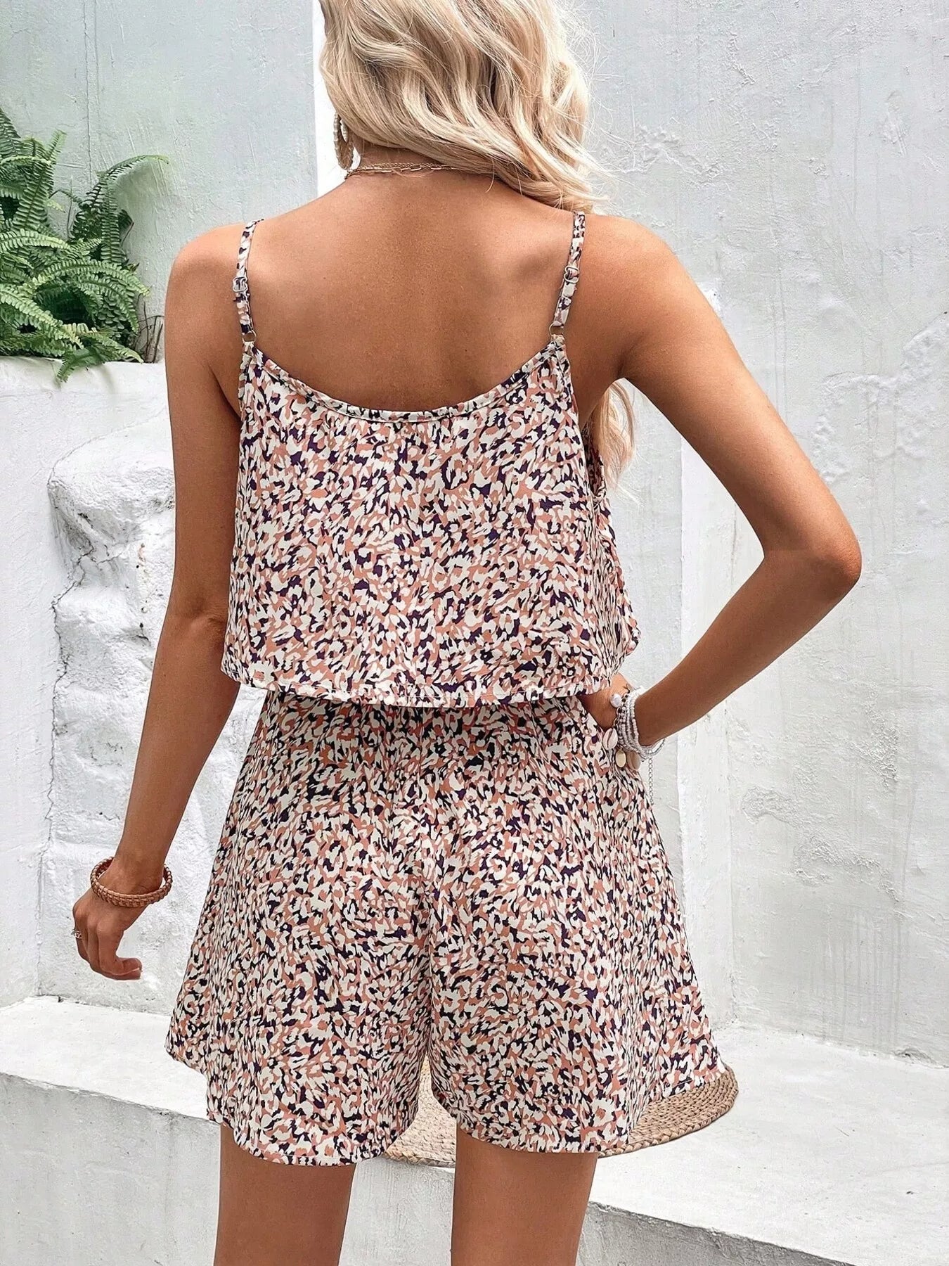 Printed Spaghetti Strap Romper in Brown