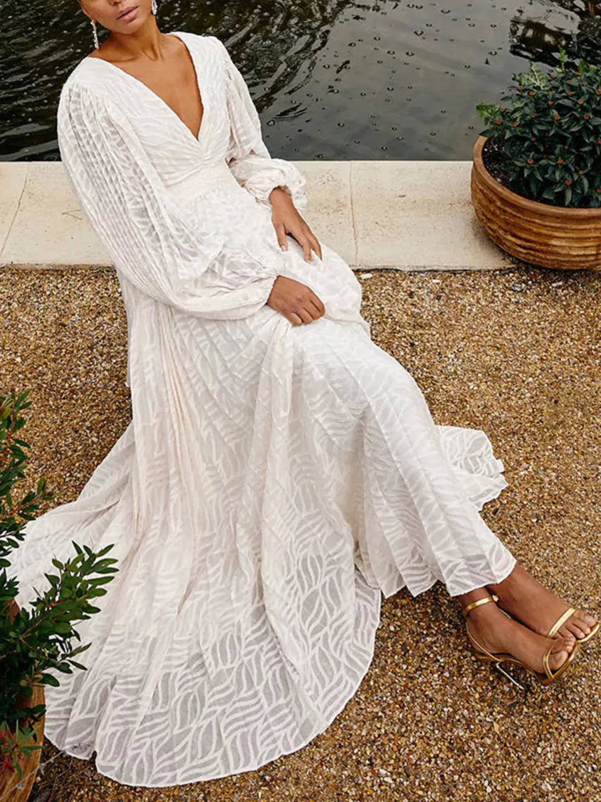 V-Neck Long Sleeve Maxi Dress in White
