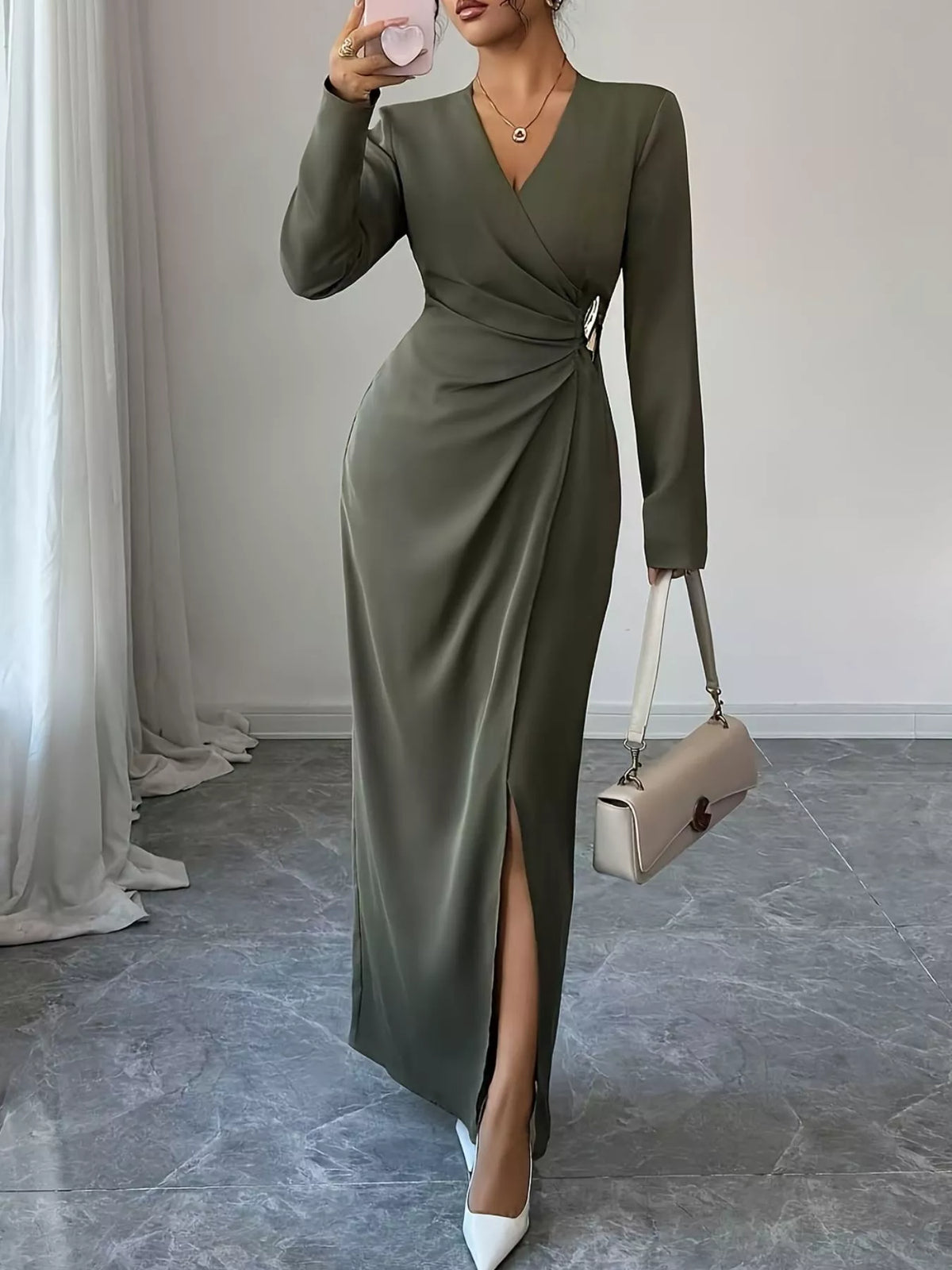 Ruched Slit Surplice Maxi Dress in Olive